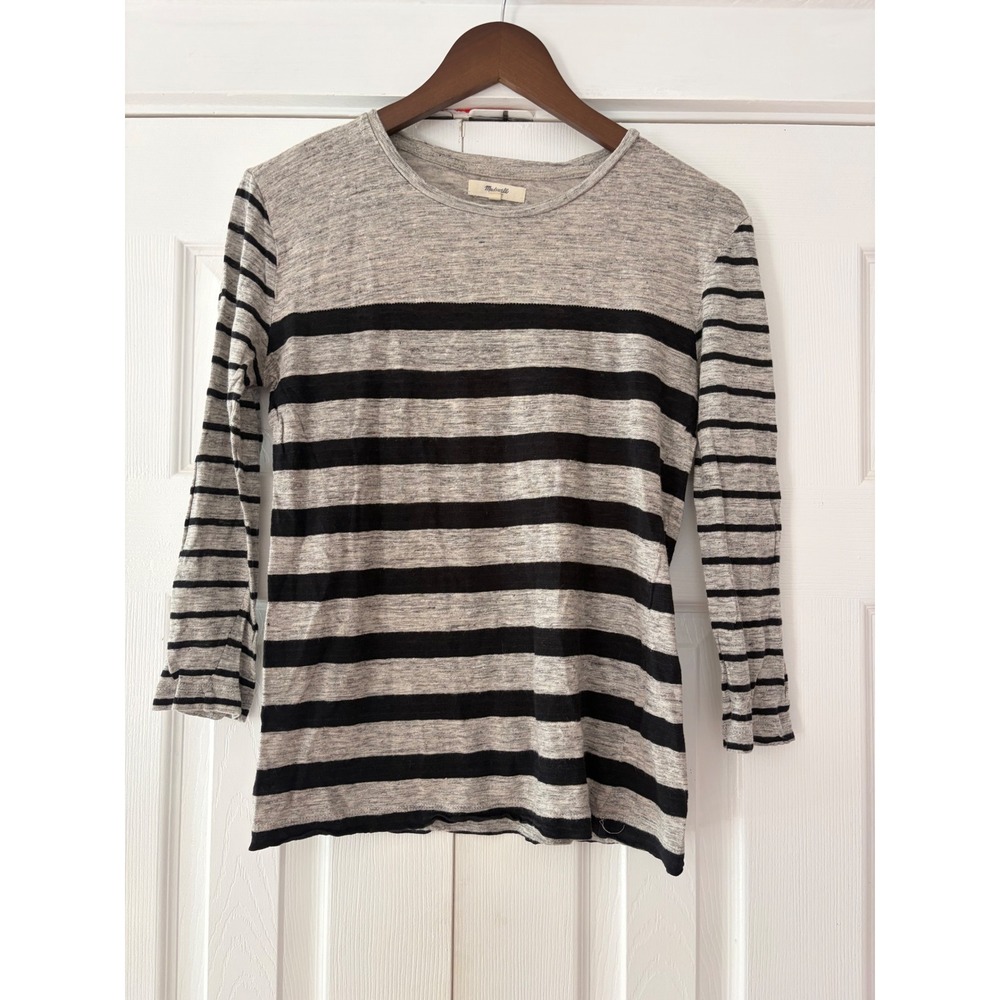 Madewell Women Medium Grey Black Striped Long Sleeve Crew Neck T-Shirt Knit Top